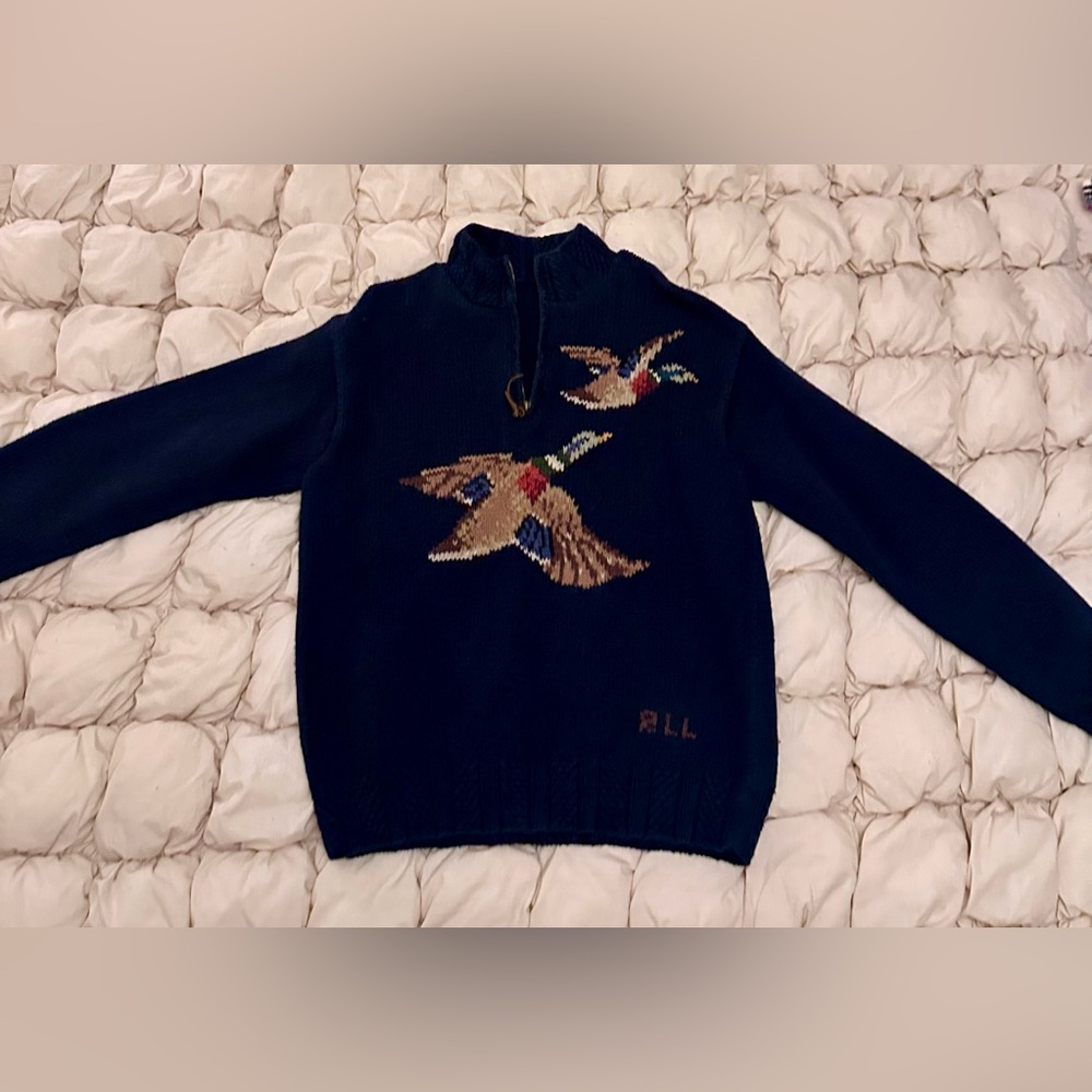 Vintage 90s Ralph Lauren Hand-Knit Half-Zip Wool Duck Sweater – Navy – Size S